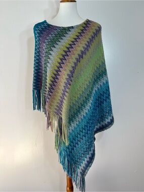 Zazou Multicolor Rainbow Zig-Zag Chevron Knit Poncho Sweater Cape Fringe Boho